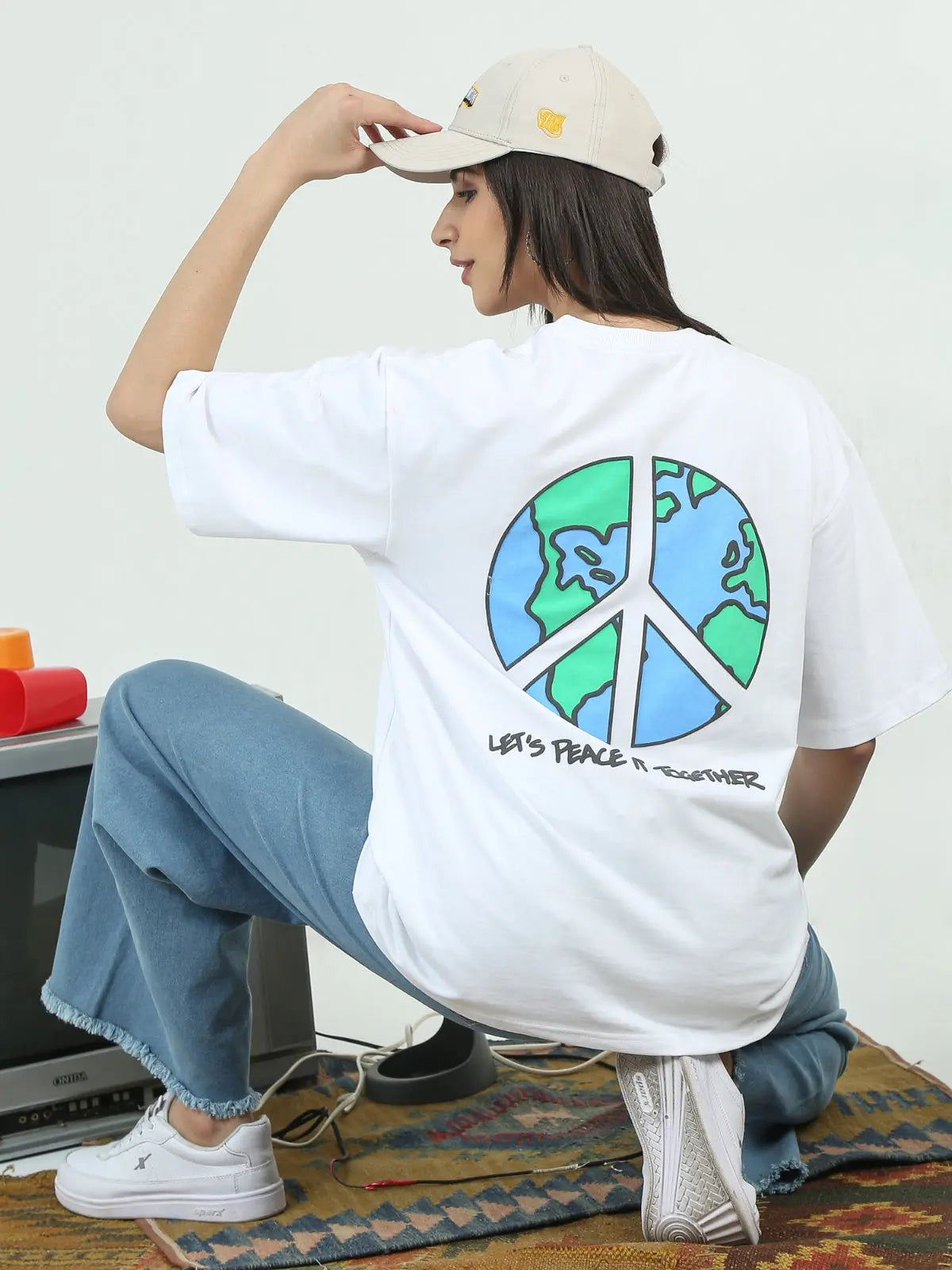 Peace Oversized Graphic Print Crew Neck T-Shirt