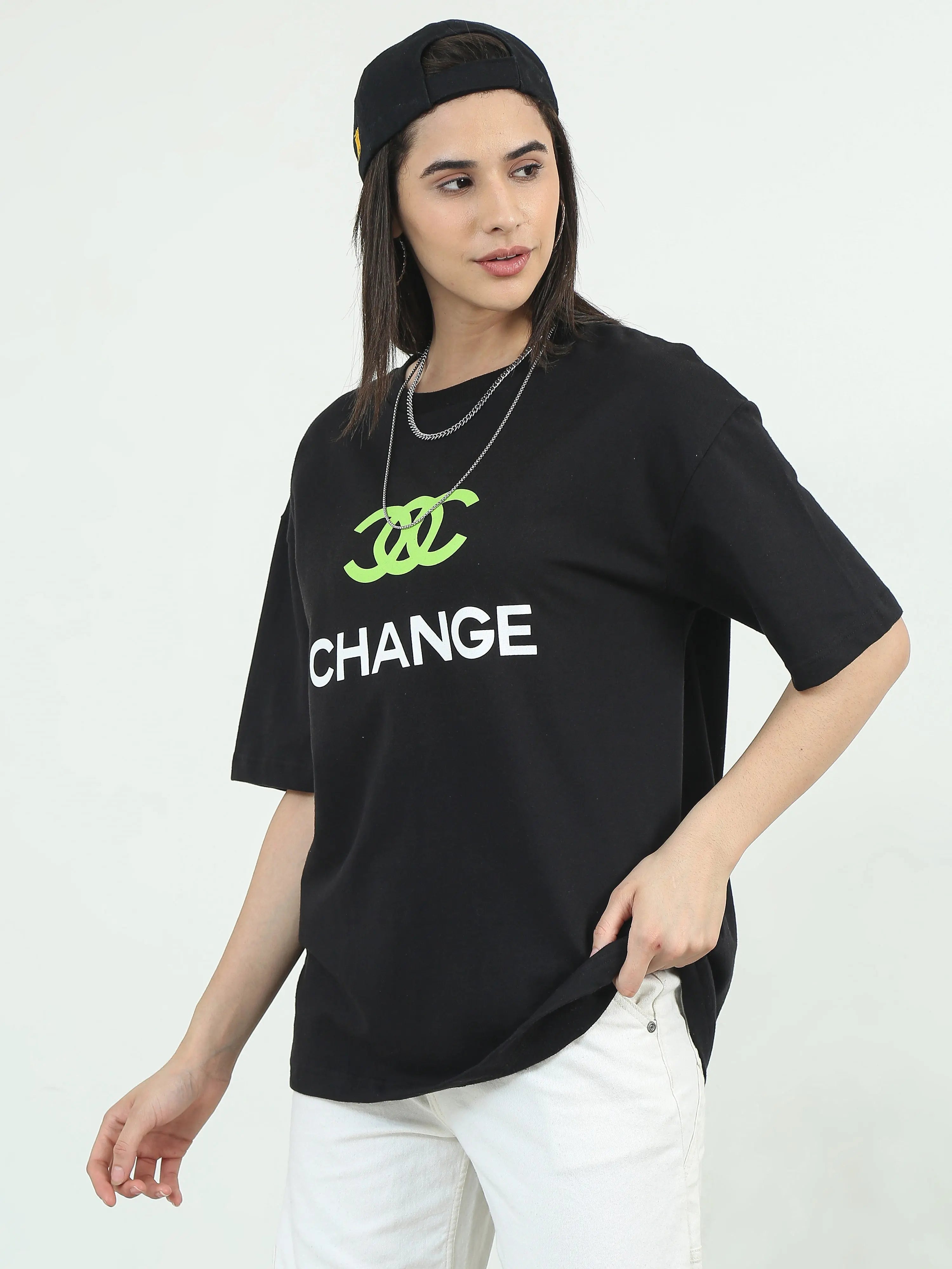 Change Front & Back print Crew Neck T-Shirt | Oversized Fit | Black 